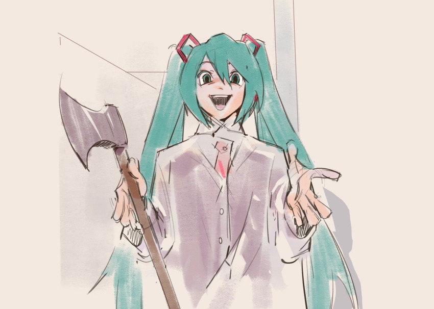 1girl :d american_psycho aqua_eyes aqua_hair axe coat cosplay hatsune_miku highres holding holding_axe indoors jawli open_mouth patrick_bateman patrick_bateman_(cosplay) raincoat see-through_clothes see-through_raincoat sketch smile solo twintails upper_body vocaloid white_coat
