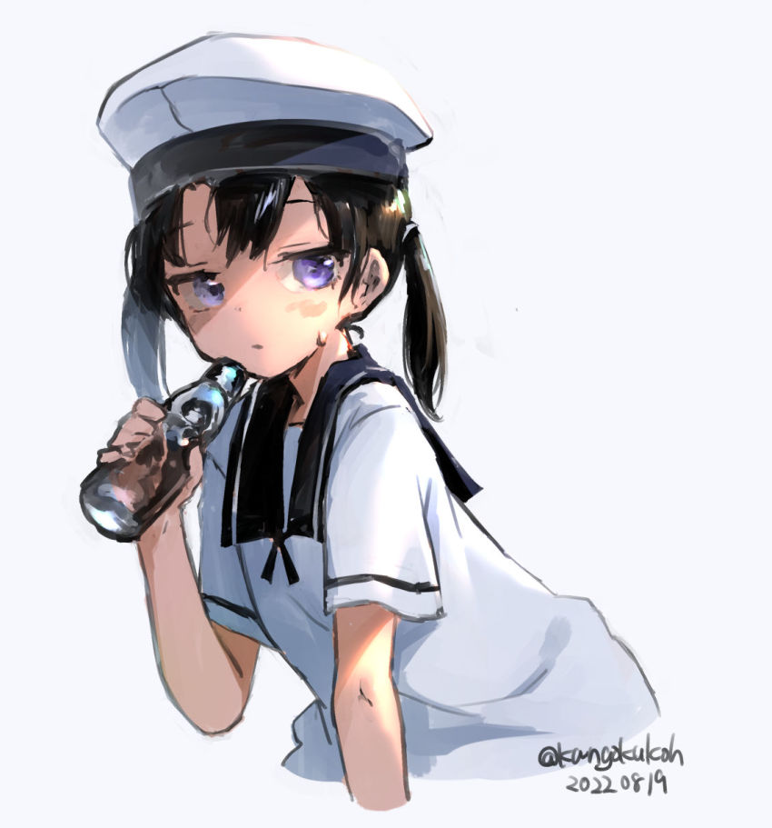 1girl black_hair black_sailor_collar bottle dated dress hat highres kangoku_kou kantai_collection one-hour_drawing_challenge purple_eyes sailor_collar sailor_dress sailor_hat short_hair short_sleeves shounan_(kancolle) simple_background solo twintails twitter_username upper_body white_background white_dress white_hat
