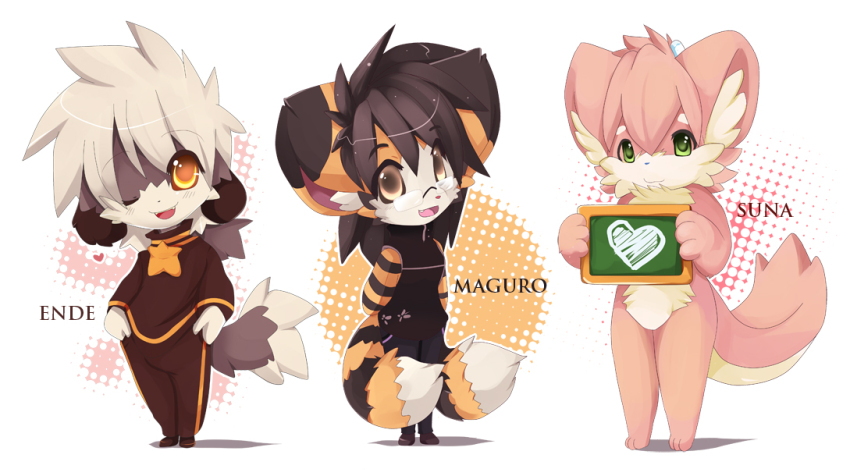 1girl 2000s_(style) 2boys androgynous animal_ears artist_self-insert black_hair cat_ears cat_girl cat_tail chibi chibi_only commentary dog_boy dog_ears dog_tail ende_(maguro-chan) english_commentary furry furry_female furry_male looking_at_viewer maguro-chan maguro-chan_(character) multiple_boys multiple_tails one_eye_closed original pink_hair short_hair suna_(maguro-chan) tail two_tails white_hair