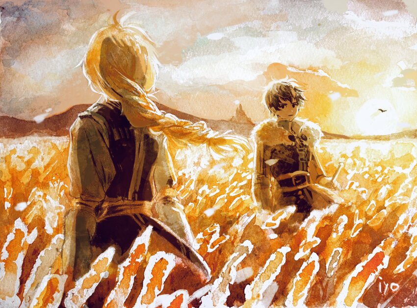 2boys artist_name belt bird blonde_hair braid capelet corn corn_field dawn from_behind fur_capelet hand_on_weapon high_collar highres iyo_(1eavethebus) long_hair looking_at_another male_focus multiple_boys outdoors painting_(medium) roland_glenbrook serenoa_wolffort short_hair sky standing sun sword_hilt traditional_media triangle_strategy watercolor_(medium)