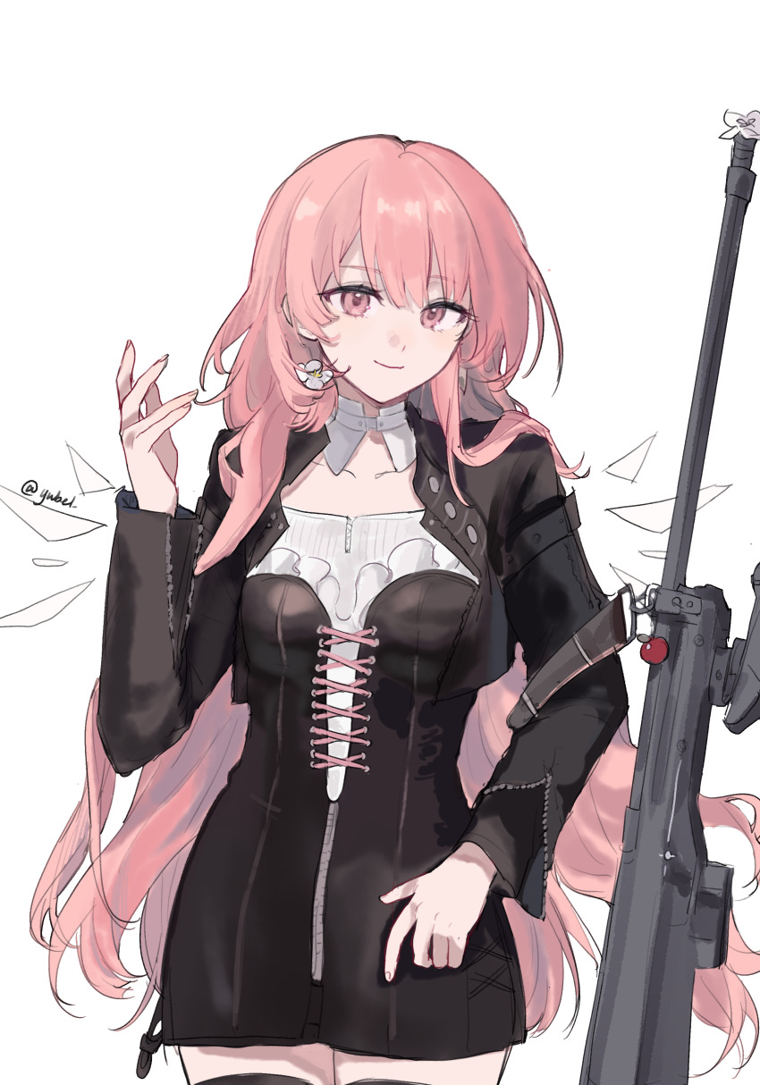 1girl absurdres anti-materiel_rifle arknights black_dress black_jacket black_thighhighs breasts closed_mouth collarbone cowboy_shot dress earrings energy_wings flower_earrings gagav52123 gun hand_up highres jacket jewelry lemuen_(arknights) long_hair long_sleeves looking_at_viewer medium_breasts pink_eyes pink_hair rifle simple_background single_earring smile sniper_rifle solo standing thighhighs very_long_hair weapon white_background wings