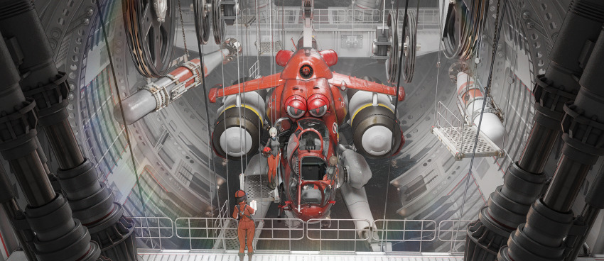 2girls aircraft cable catwalk_(walkway) chise_huixing_denixi fantasy helmet highres industrial_pipe multiple_girls original pipeline pulley railing scenery torpedo
