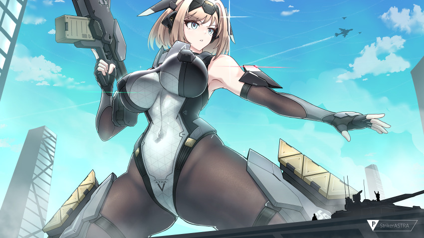 1girl absurdres aircraft airplane armor blonde_hair blue_eyes bodysuit breasts building city covered_navel elbow_gloves fingerless_gloves giant giantess gloves gun headgear helicopter highres holding holding_gun holding_weapon huge_breasts impossible_bodysuit impossible_clothes large_breasts leotard mecha_musume military military_vehicle original pantyhose rifle sherman_(egnk2525) short_hair skin_tight sky solo thick_thighs thighs weapon