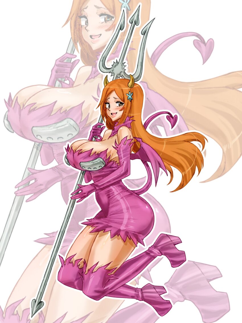 1girl bare_shoulders bleach blush boots breasts brown_eyes demon_girl demon_tail demon_wings elbow_gloves female_focus floating gloves hair_ornament highres horns inoue_orihime large_breasts leteo_01 long_hair looking_at_viewer open_mouth orange_hair polearm simple_background snowflake_hair_ornament tail thigh_boots trident weapon wings