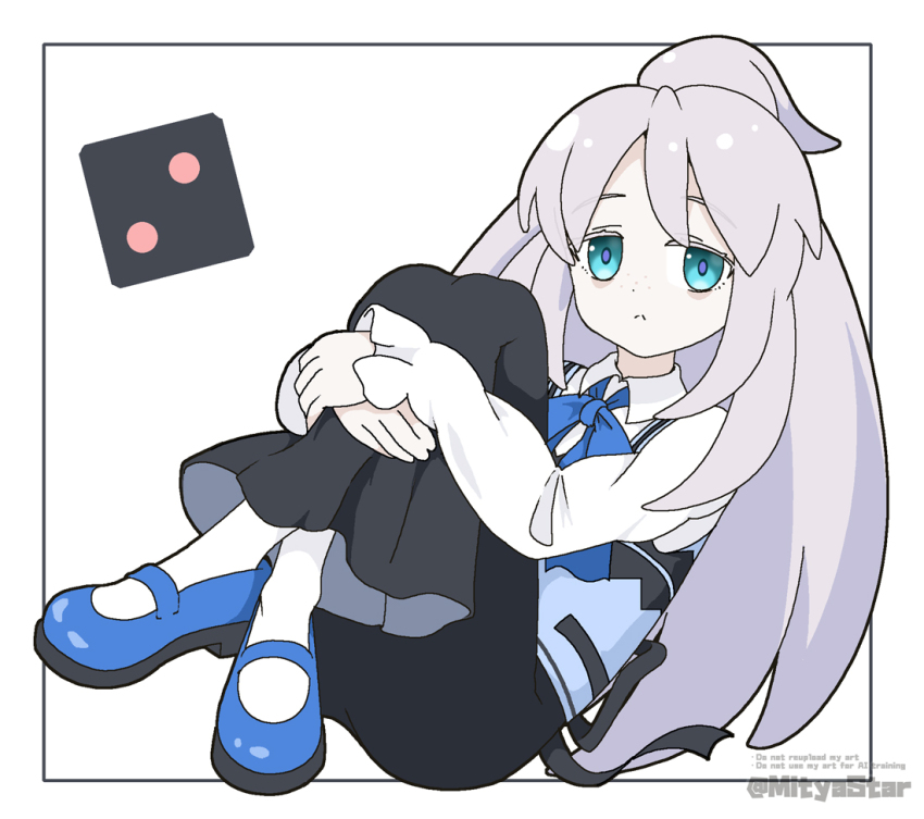 1girl :&lt; artist_name black_skirt blue_eyes blue_shoes blue_vest closed_mouth collared_shirt commentary_request cosplay crossed_legs deux_murasame dice employee_uniform english_text full_body gochuumon_wa_usagi_desu_ka? grey_hair gundam gundam_gquuuuuux hugging_own_legs kafuu_chino kafuu_chino_(cosplay) knees_up long_hair long_sleeves mitya pale_skin pantyhose puffy_long_sleeves puffy_sleeves rabbit_house_uniform shirt shoes skirt sleeves_past_wrists solo twitter_username very_long_hair vest watermark white_background white_pantyhose white_shirt