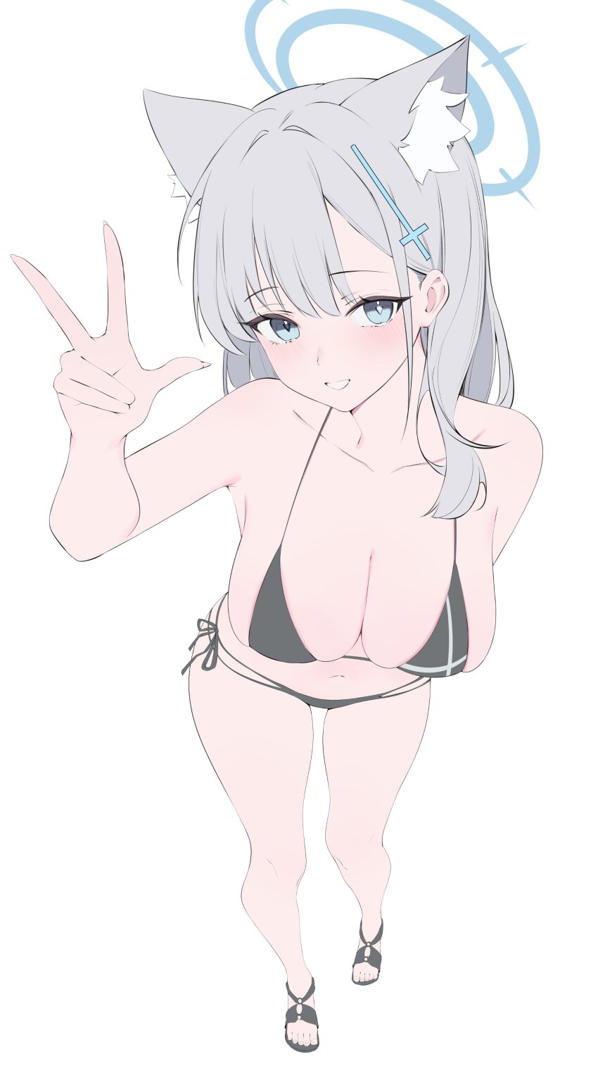 1girl absurdres alternate_costume animal_ear_fluff animal_ears arm_behind_back bare_arms bare_legs bare_shoulders bikini black_bikini black_sandals blue_archive breasts cleavage extra_ears grey_hair hair_behind_eyewear highres large_breasts long_hair looking_at_viewer navel rable sandals shiroko_(blue_archive) solo swimsuit w wolf_ears wolf_girl