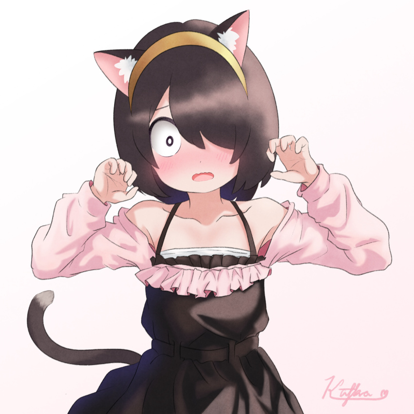 1girl absurdres animal_ears black_dress black_eyes black_hair bright_pupils cat_ears cat_girl cat_tail dress embarrassed hair_over_one_eye hairband hands_up highres jijou_wo_shiranai_tenkousei_ga_guigui_kuru. kafka963 medium_hair nishimura_akane open_mouth paw_pose solo tail white_pupils yellow_hairband