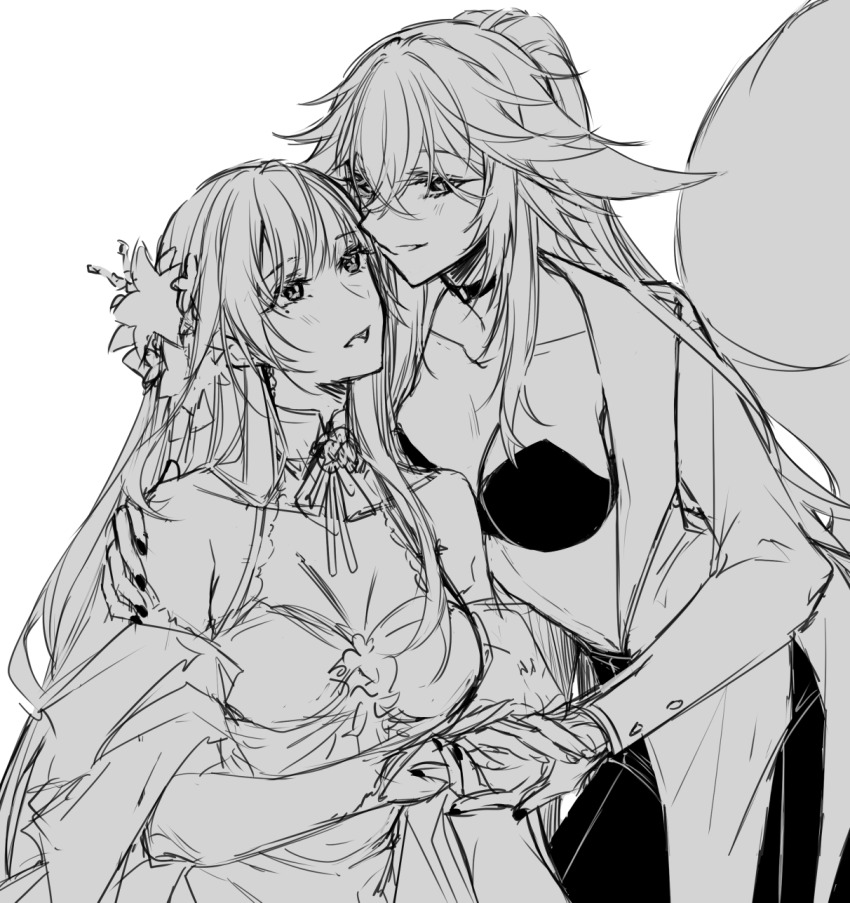 2girls animal_ears bra breasts choker cleavage commentary english_commentary fox_ears fox_girl fox_tail genshin_impact greyscale hand_on_another&#039;s_shoulder highres holding_hands jacket large_breasts looking_at_another mole mole_under_eye monochrome multiple_girls open_clothes open_jacket open_mouth raiden_shogun sieka_(piiroinardesco) smile strapless strapless_bra tail underwear yae_miko yuri