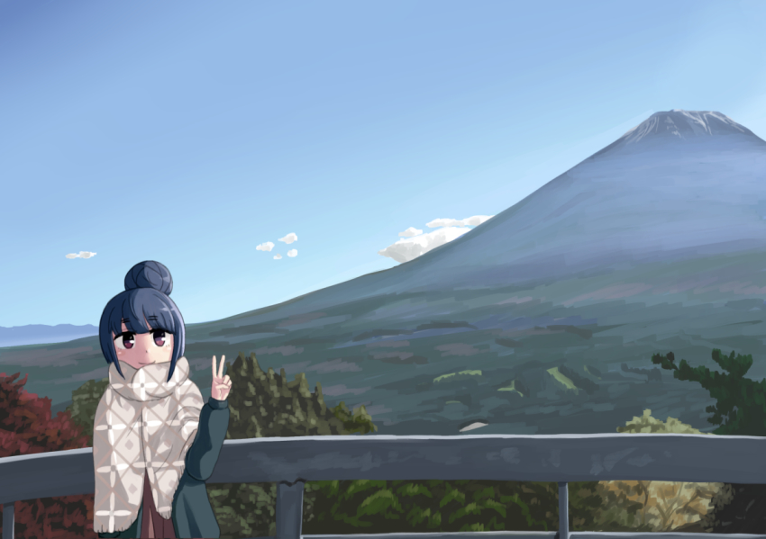 1girl blue_hair blue_sky cloud commentary_request day female_focus forest hair_bun halcyon_(halcyon90) long_sleeves mount_fuji mountain nature outdoors purple_eyes railing shawl shima_rin sidelocks single_hair_bun sky smile solo v yurucamp