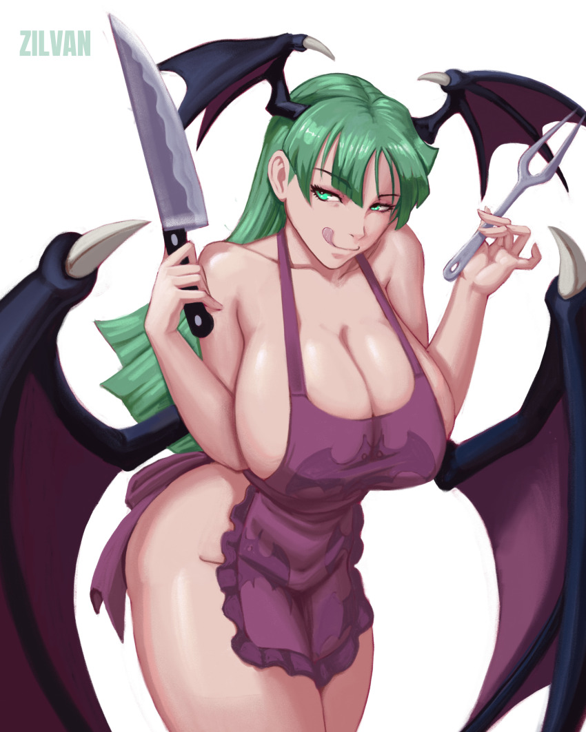 1girl apron artist_name bat_wings breasts capcom cleavage closed_mouth collarbone cowboy_shot darkstalkers demon_girl eyebrows eyelashes female_focus green_eyes green_hair hands_up head_wings holding holding_knife huge_breasts knife leaning_forward licking_lips long_hair looking_at_viewer looking_to_the_side low_wings matching_hair/eyes morrigan_aensland naked_apron naughty_face purple_apron simple_background smile solo standing tongue tongue_out white_background wide_hips wings zilvan