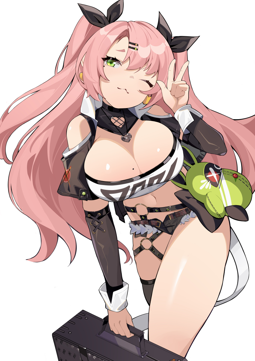 1girl ;3 absurdres bare_shoulders black_shorts breasts cleavage clothing_cutout cowboy_shot cutoffs green_eyes hand_up head_tilt highres large_breasts long_hair long_sleeves looking_at_viewer micro_shorts midriff mole mole_on_breast navel nicole_demara one_eye_closed pink_hair shorts shoulder_cutout simple_background solo spspspsp standing stomach strapless thighs tube_top two_side_up very_long_hair w white_background zenless_zone_zero
