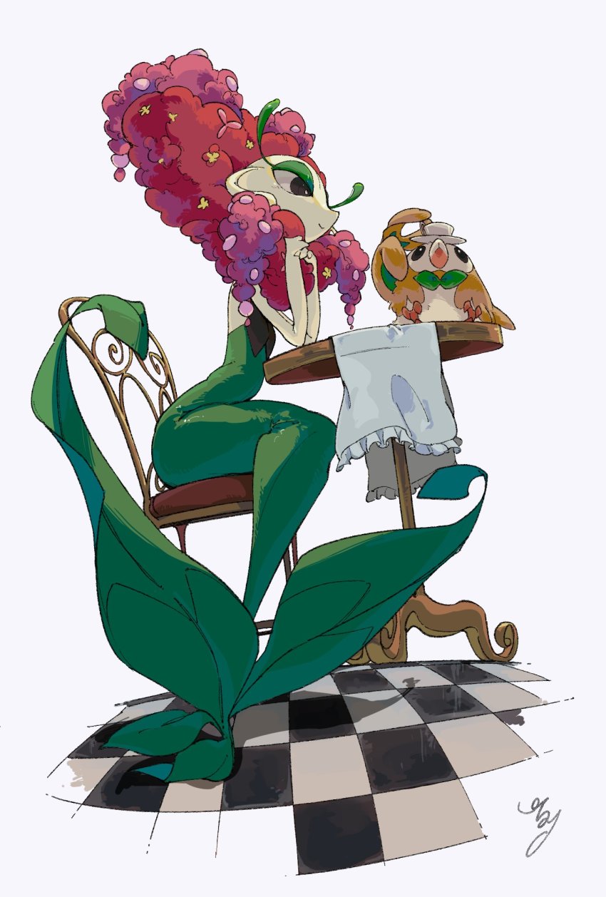 black_eyes bright_pupils chair checkered_floor closed_mouth cup florges florges_(red_flower) gen_6_pokemon gen_7_pokemon highres ichinori_(ka_n_zo) nintendo no_humans pokemon pokemon_(creature) rowlet saucer signature sitting smile table white_pupils