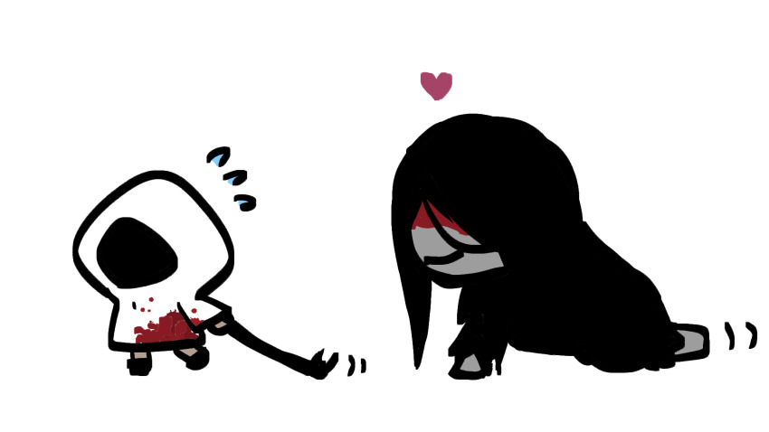 1boy 1girl all_fours black_hair black_kimono blood blood_on_clothes blood_on_face chibi commentary_request crowbar flying_sweatdrops following full_body heart heroine_(homicipher) highres holding holding_crowbar homicipher hood hood_up japanese_clothes kimono long_hair mr._crawling official_style pla_vtuber raincoat simple_background translation_request white_background white_raincoat