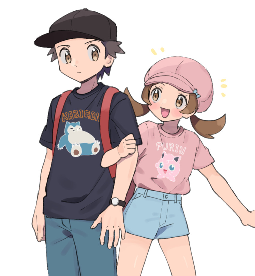 1boy 1girl alternate_costume backpack bag black_hat blue_pants blue_shorts bow commentary_request creatures_(company) denim denim_shorts frown game_freak gen_1_pokemon hat hat_bow height_difference highres jeans jigglypuff lyra_(pokemon) nintendo open_mouth pants pink_hat pink_shirt pokemon pokemon_hgss pumpkinpan red_(pokemon) shirt shirt_tucked_in shorts smile snorlax twintails watch wristwatch