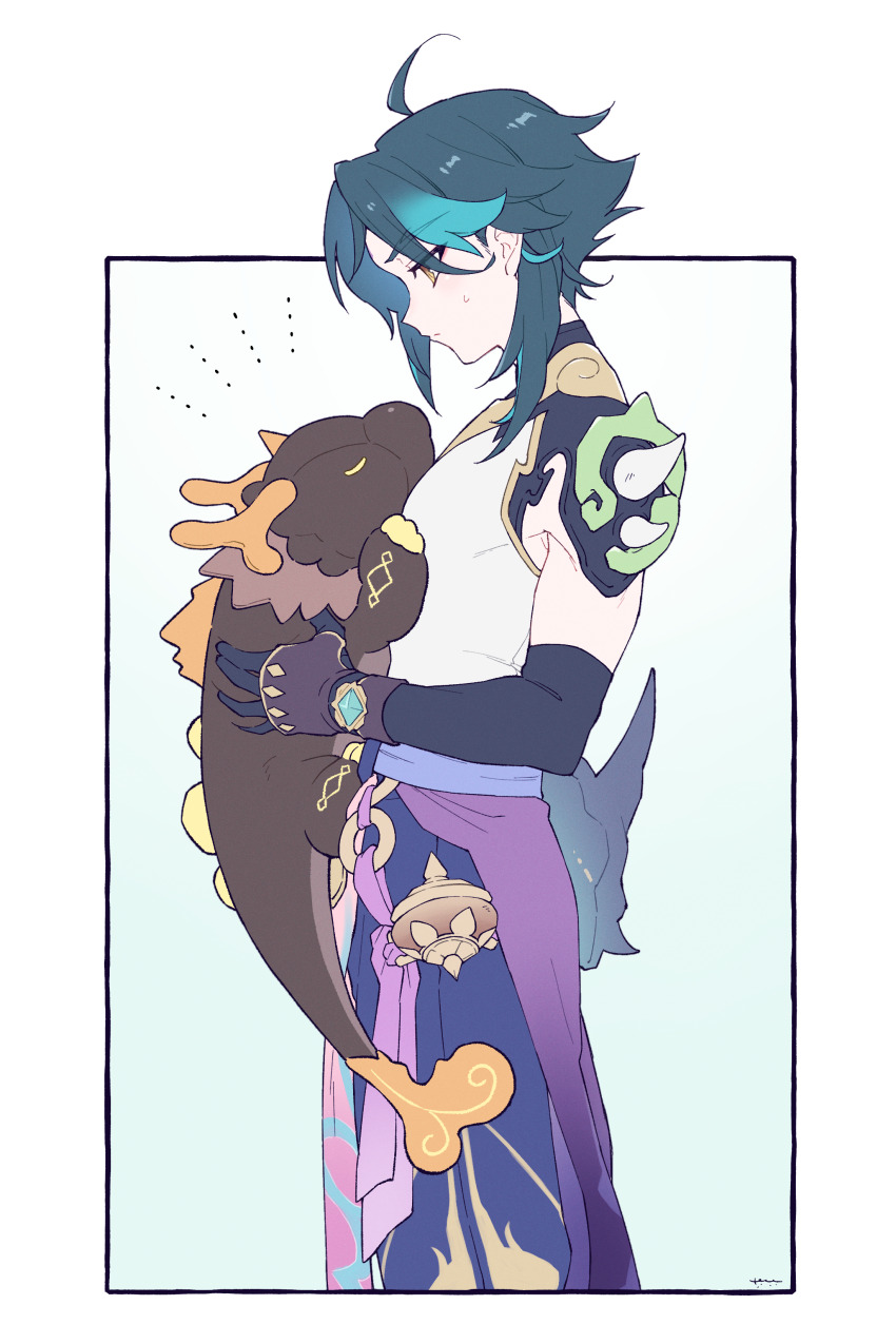 1boy absurdres ahoge aqua_hair bishounen black_gloves blue_background border character_doll closed_mouth dragon elbow_gloves flat_color from_side genshin_impact gloves gradient_background highres holding holding_stuffed_toy homare_(g_hmr88) looking_at_object male_focus multicolored_hair outside_border pale_skin pants profile purple_pants purple_sash rex_lapis_(genshin_impact) sash shirt short_hair_with_long_locks solo standing streaked_hair stuffed_animal stuffed_dragon stuffed_toy sweatdrop white_border white_shirt xiao_(genshin_impact) yellow_eyes