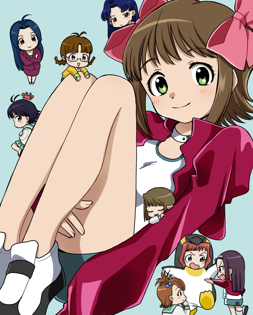 6+girls absurdres ahoge akizuki_ritsuko amami_haruka animal_costume antenna_hair black_hair blue_background blue_eyes blue_hair blush bow braid brown_eyes brown_hair chibi closed_mouth commentary crab everyone fang foot_out_of_frame formal_clothes futami_ami glasses green_eyes hagiwara_yukiho hair_bow hairband highres idolmaster idolmaster_xenoglossia jacket kikuchi_makoto kisaragi_chihaya knees_up leather leather_jacket long_hair long_sleeves looking_at_viewer minase_iori miura_azusa multiple_girls naruse_ill open_mouth orange_hair penguin_costume pink_bow purple_suit red_eyes red_jacket shirt shoes short_hair side_ponytail skirt sleeping smile suit takatsuki_yayoi twin_braids white_shirt white_shoes