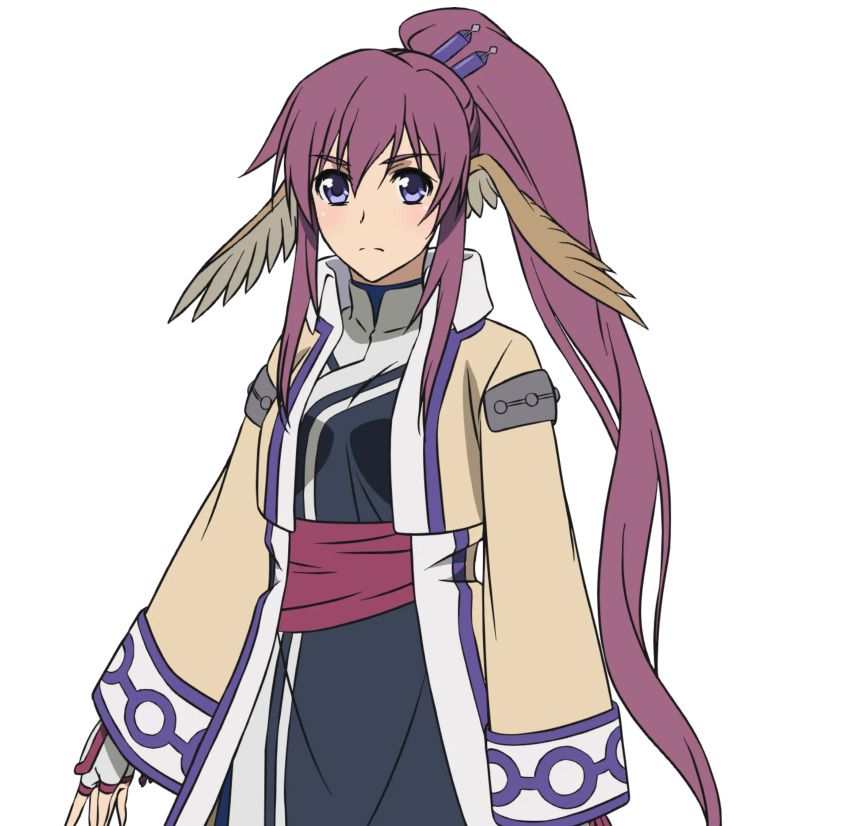 1girl absurdly_long_hair absurdres ainu_clothes animal_ears aquaplus breasts coat cowboy_shot dress hair_between_eyes hair_ornament high_ponytail highres large_breasts long_hair long_sleeves nakata_masahiko official_art ponytail purple_eyes purple_hair sash sidelocks solo standing touka_(utawarerumono) transparent_background utawarerumono utawarerumono:_futari_no_hakuoro very_long_hair wavy_hair white_fox_(company) wide_sleeves