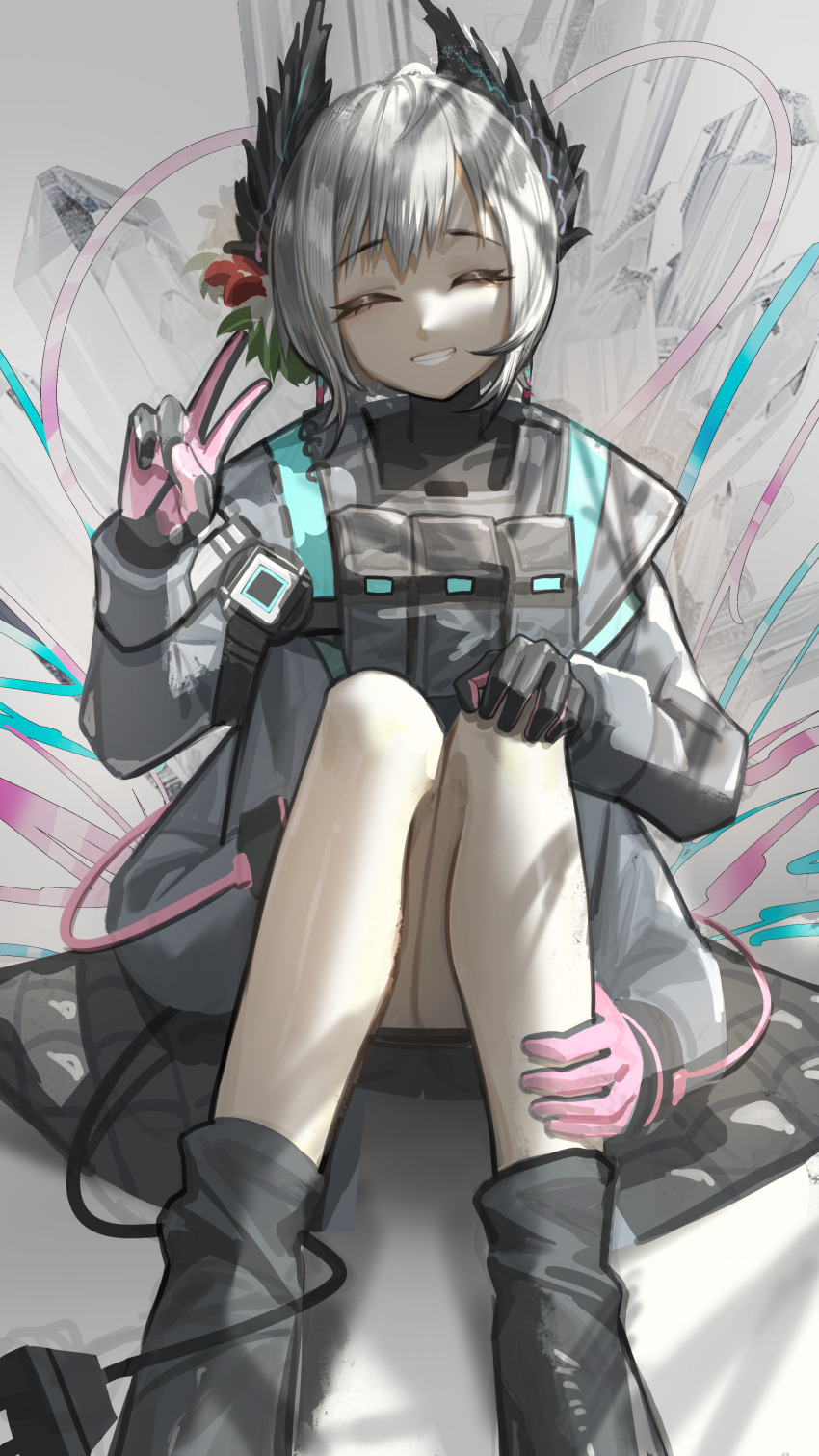 1girl absurdres arknights black_jacket closed_eyes extra_arms gloves grey_hair grin highres jacket pink_gloves raidian_(arknights) shale short_hair smile solo teeth thighs v white_hair