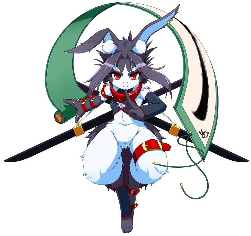 1girl black_hair boots bottomless rabbit copyright_request female_focus full_body furry furry_female goushu highres long_hair ninja red_eyes scroll solo white_background