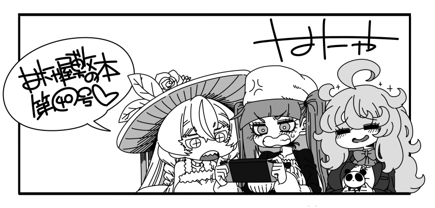 3girls :o absurdres bleach blush breasts chibi cleavage clenched_teeth crossover dokugamine_riruka dragon_quest dress embarrassed hanya_(hanya_yashiki) hat heart highres large_breasts long_hair long_twintails looking_at_viewer mandator_(ziga) monochrome multiple_girls nintendo nintendo_switch nintendo_switch_pro_controller original simple_background smile sun_hat sundress symbol-shaped_pupils teeth tsundere twintails very_long_hair wide_hips