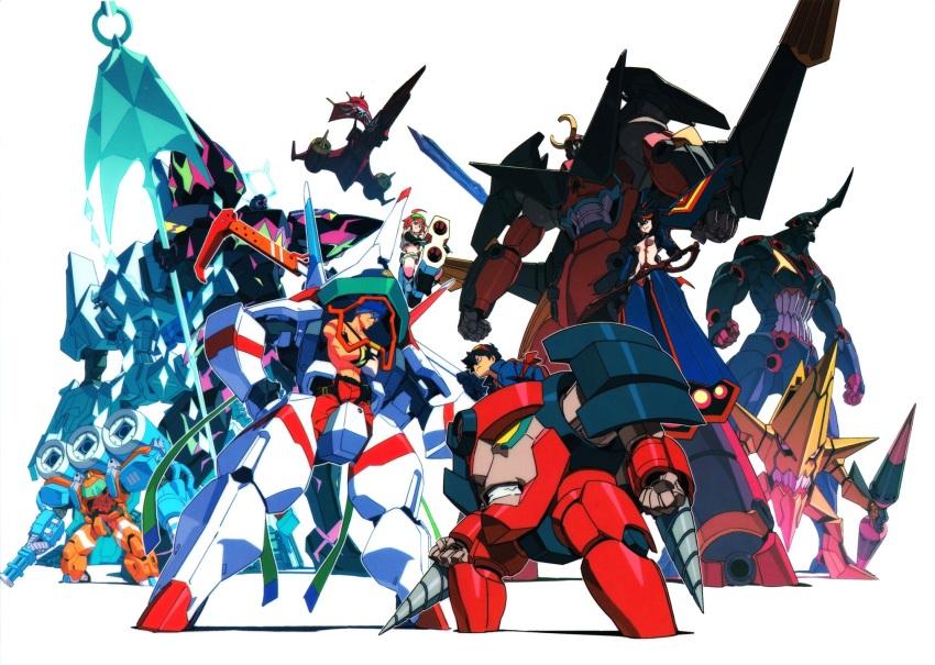 2boys 2girls black_hair blue_eyes breasts crossover drill galo_thymos goggles goggles_on_head gurren-lagann highres jacket kill_la_kill king_kittan lagann lazengann luluco matoi_ryuuko mecha mechanical multiple_boys multiple_girls promare robot short_hair simon_(ttgl) standing tengen_toppa_gurren_lagann trigger-chan uchuu_patrol_luluco weapon yoshinari_you