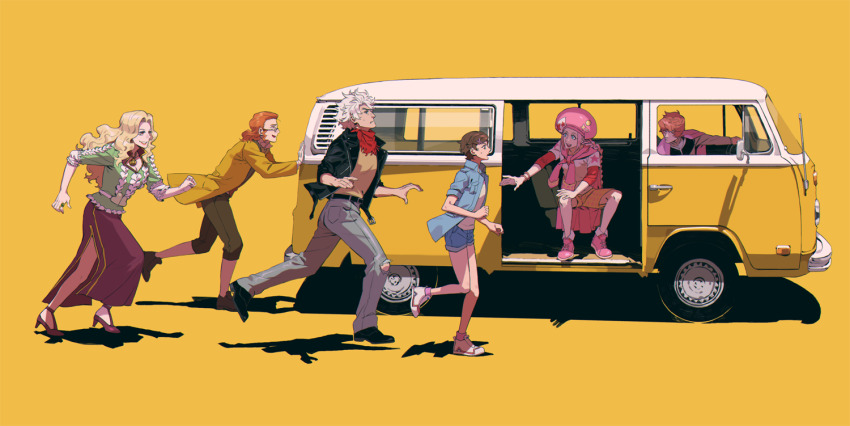 2girls 4boys bandana bandana_around_neck black_jacket black_pants blonde_hair blue_jacket blue_shorts breasts brown_hair cape classicaloid cleavage franz_liszt_(classicaloid) franz_schubert_(classicaloid) frederic_chopin_(classicaloid) green_shirt grey_pants hair_over_eyes hat high_heels jacket little_miss_sunshine long_hair long_sleeves ludwig_van_beethoven_(classicaloid) mixed-language_commentary motor_vehicle multiple_boys multiple_girls otowa_kanae pants parody pink_hair pink_hat pink_shoes purple_cape purple_skirt running sf_jd shadow shirt shoes short_hair shorts skirt sneakers van volkswagen_type_2 white_hair wolfgang_amadeus_mozart_(classicaloid) yellow_background yellow_jacket