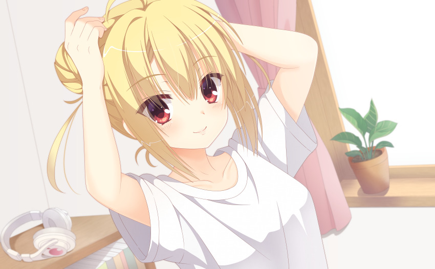 1girl absurdres ahoge alternate_costume alternate_hairstyle arihara_nanami blonde_hair blue_background blush closed_mouth collarbone commentary double_bun dutch_angle eyes_visible_through_hair hair_between_eyes hair_bun hands_up happy headphones headphones_removed highres indoors kaon_zz lips looking_at_viewer medium_hair paid_reward_available plant potted_plant red_eyes riddle_joker shirt short_sleeves sidelocks single_hair_intake smile solo split_mouth t-shirt two_side_up upper_body white_shirt