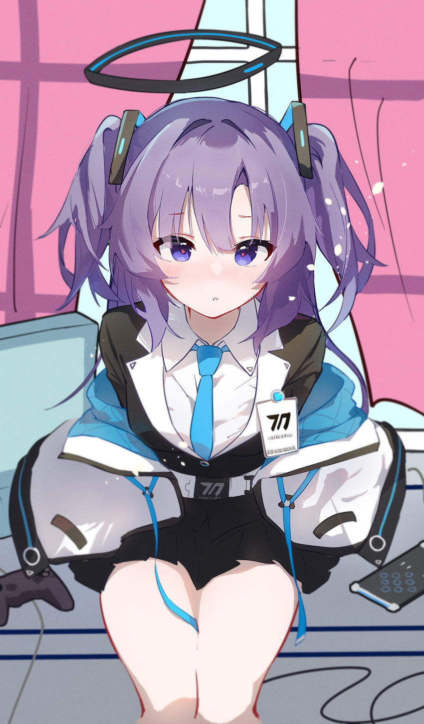 1girl absurdres belt black_halo black_suit blue_archive blue_eyes blue_necktie blush collared_shirt commentary cowboy_shot curtains eyes_visible_through_hair feng1180 formal_clothes hair_between_eyes hair_ornament halo highres id_card indoors jacket jacket_partially_removed long_hair looking_at_viewer mechanical_halo millennium_science_school_logo necktie open_clothes open_jacket parted_lips purple_hair red_pupils school_uniform shirt short_eyebrows sitting solo suit thighs triangle_hair_ornament two_side_up white_belt white_jacket white_shirt window yuuka_(blue_archive)