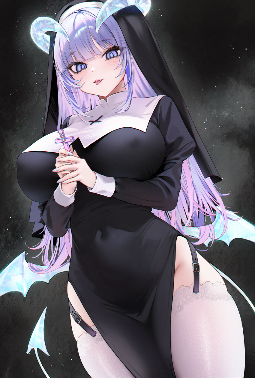 1girl :p arms_under_breasts black_dress blush breasts coif commentary_request covered_erect_nipples covered_navel cowboy_shot cross crystal_horns crystal_tail crystal_wings demon_girl demon_tail demon_wings dress fangs fingernails highres holding holding_cross inverted_cross juliet_sleeves large_breasts long_fingernails long_hair long_sleeves looking_at_viewer nail_polish nun ompf open_mouth original pelvic_curtain puffy_sleeves purple_eyes purple_hair purple_nails solo standing tail teeth thighhighs tongue tongue_out upper_teeth_only very_long_hair white_thighhighs wings