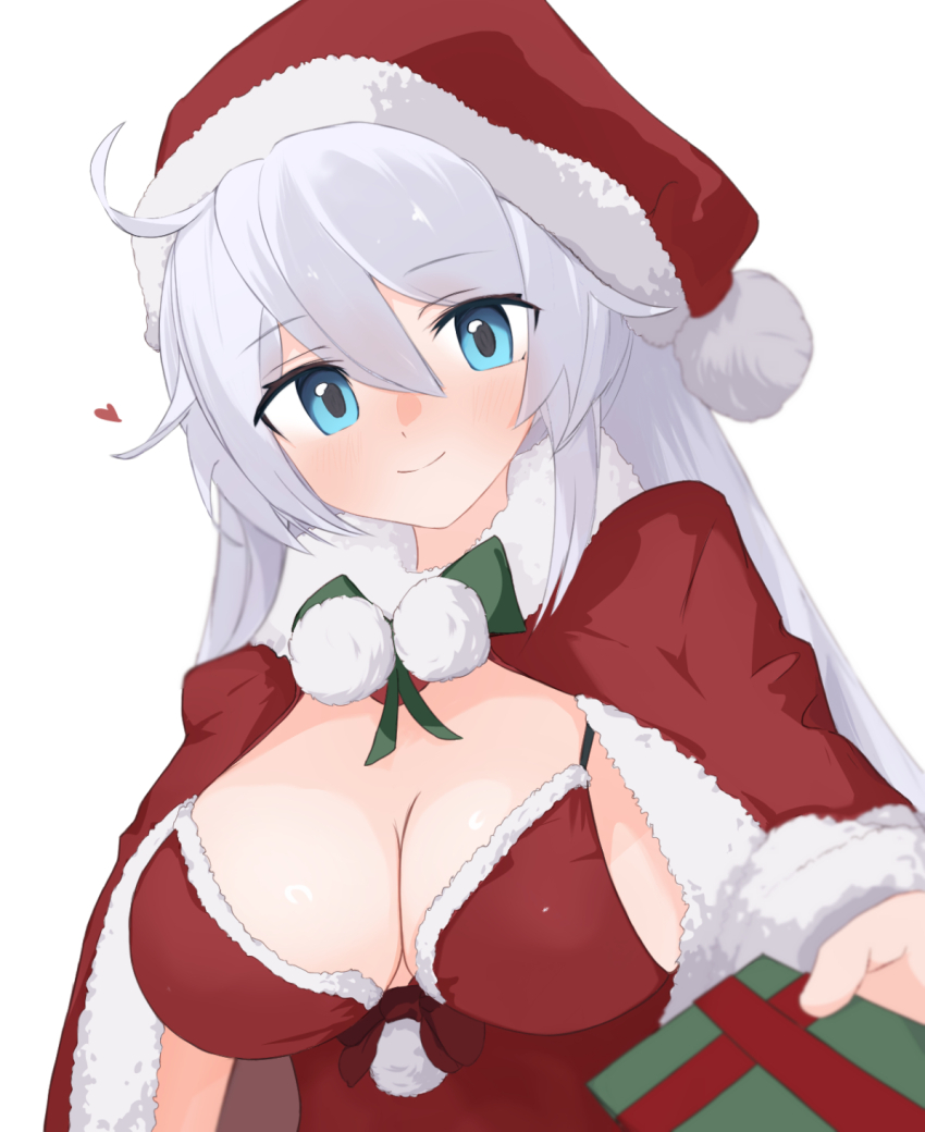 1girl ahoge blue_eyes breasts closed_mouth commentary dress english_commentary gift hat highres holding holding_gift honkai_(series) honkai_impact_3rd kiana_kaslana large_breasts long_hair looking_at_viewer red_dress samate santa_costume santa_hat simple_background smile solo spaghetti_strap upper_body white_background white_hair