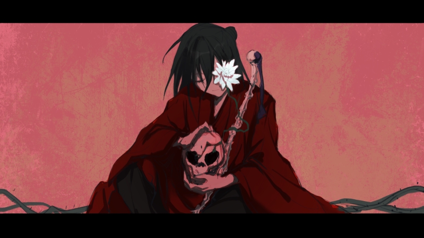 1boy black_hair black_hanfu bone chinese_clothes chinese_commentary closed_eyes closed_mouth coat dao_gui_yi_xian facing_viewer fajiaoshao flower flower_on_face hair_bun hanfu highres holding holding_bone holding_skull holding_sword holding_weapon implied_yaoi knee_up letterboxed li_huowang limited_palette long_hair long_sleeves male_focus pants plant red_background red_coat red_theme robe single_hair_bun sitting skeleton skull smile solo spine spine_sword sword vines weapon white_flower wide_sleeves