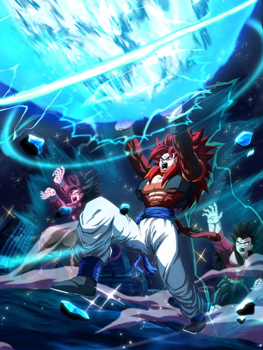 aura big_bang_kamehameha brown_fur dragon_ball dragon_ball_gt energy fusion gogeta highres kamehameha_(dragon_ball) lightning muscular muscular_male red_hair screaming son_goku super_saiyan super_saiyan_4 tagme tail vegeta