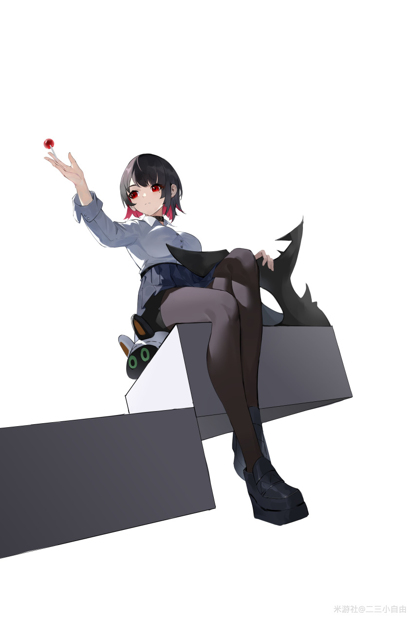 1girl absurdres bangboo_(zenless_zone_zero) black_choker black_hair black_pantyhose black_skirt candy choker collared_shirt colored_inner_hair deliaoqingquedebing_sty ellen_joe ellen_joe_(on_campus) fins fish_tail food full_body highres holding holding_candy holding_food holding_lollipop lollipop mole mole_under_eye multicolored_hair official_alternate_costume pantyhose red_eyes school_uniform shark_girl shark_tail shirt short_hair simple_background sitting skirt tail white_shirt zenless_zone_zero