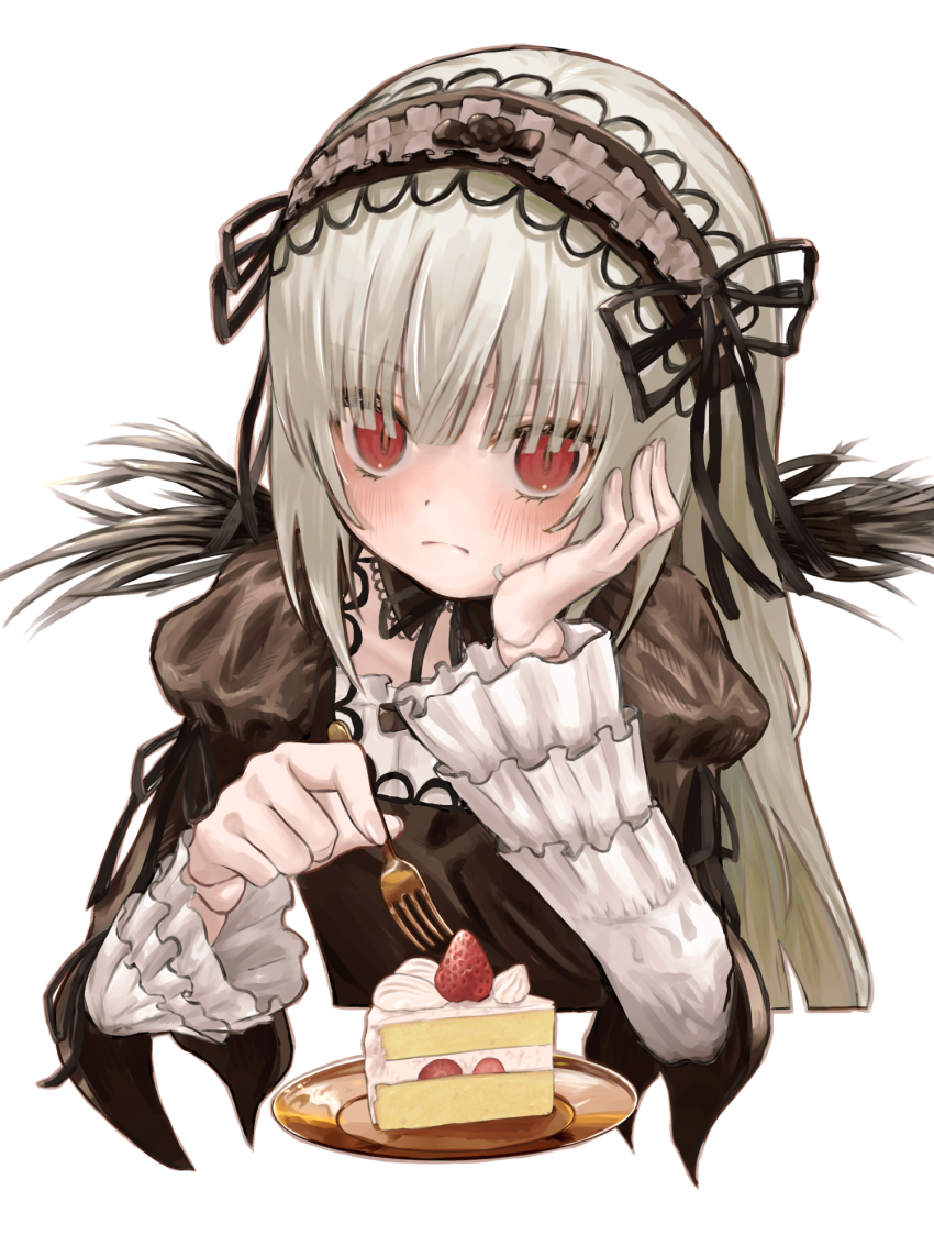 1girl black_dress black_hairband blunt_bangs blush cake commentary dress food fork frilled_sleeves frills goth_fashion gothic_lolita grey_hair hairband hand_on_own_head highres holding holding_fork lolita_fashion lolita_hairband long_hair looking_at_viewer mushipaso88 plate red_eyes rozen_maiden simple_background solo strawberry_shortcake suigintou white_background