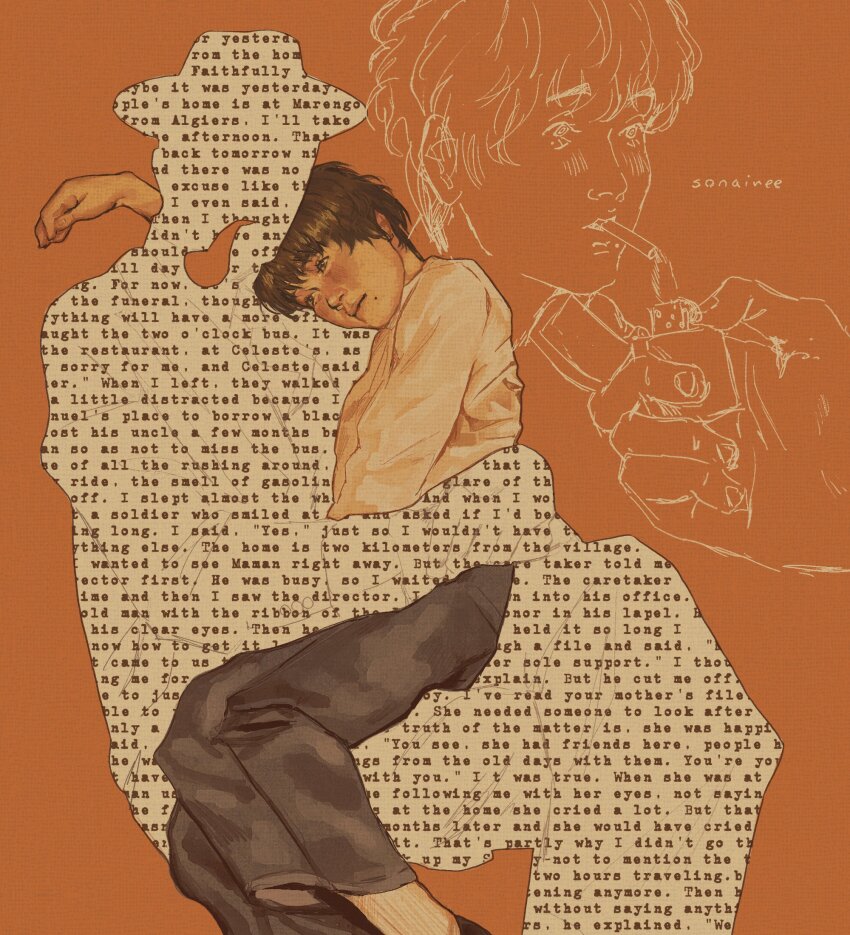 1boy 1other arm_over_shoulder arm_up black_pants brown_eyes brown_hair cigar cigarette fedora hand_on_another&#039;s_back hand_on_lap hat head_down head_tilt highres hug lighting_cigarette orange_background original pants shirt short_hair silhouette sitting sitting_on_lap sitting_on_person sketch_inset smoking sonaireeart text_background white_shirt