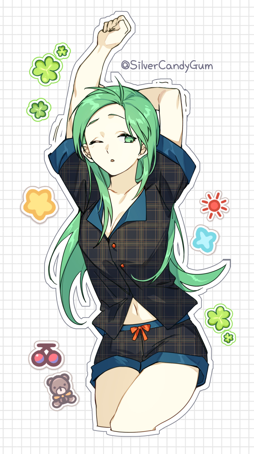 1girl absurdres alternate_costume arms_up breasts checkered_clothes cleavage commentary commission contemporary cropped_legs english_commentary fire_emblem fire_emblem:_path_of_radiance green_eyes green_hair highres long_hair nephenee_(fire_emblem) nintendo one_eye_closed pajamas pixiv_commission silvercandy_gum solo stretching twitter_username