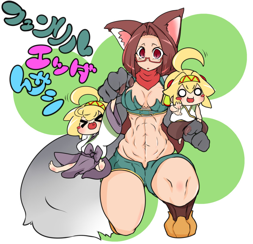 3girls :o abs bandana barefoot blonde_hair blush_stickers boots breasts brown_boots brown_hair claws commentary_request full_body glasses green_hairband hairband hanbok highres korean_clothes long_hair looking_at_viewer medium_breasts mini_person minigirl multiple_girls o_o open_mouth parted_bangs ragnarok_iris ragnarok_online ranger_(ragnarok_online) red-framed_eyewear red_bandana red_eyes shirt slit_pupils soul_linker_(ragnarok_online) taekwon_(ragnarok_online) tail toned toned_female translation_request waving white_background white_shirt wolf_tail