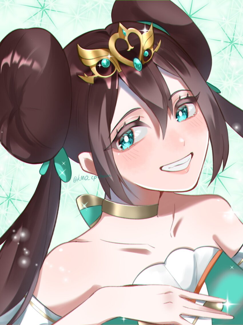 1girl bare_shoulders brown_hair choker collarbone double_bun dress hair_bun highres kamicho_musharu nintendo official_alternate_costume pokemon pokemon_masters_ex rosa_(champion)_(pokemon) rosa_(pokemon) smile solo sparkle strapless strapless_dress teeth tiara upper_body