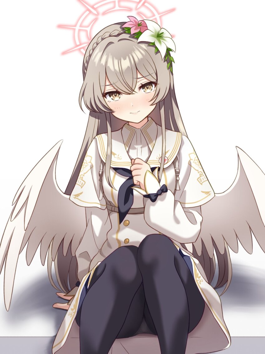 1girl black_pantyhose blue_archive blush brown_eyes brown_hair closed_mouth dress feet_out_of_frame flower gesupi_(provlemsolver57) hair_flower hair_ornament halo highres long_sleeves looking_at_viewer nagisa_(blue_archive) pantyhose pink_flower red_halo sitting solo white_dress white_flower white_wings wings