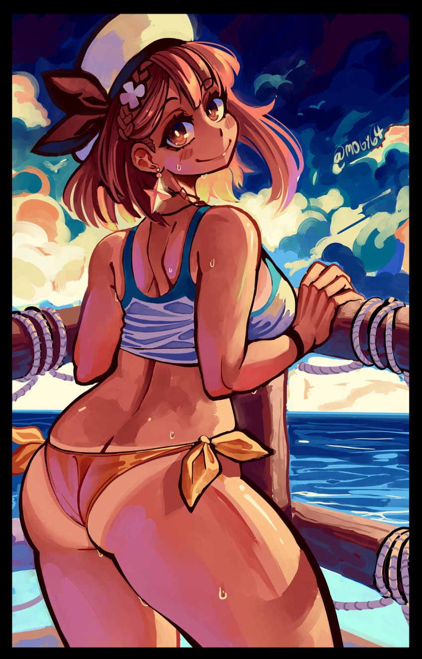 1girl arm_support ass atelier_(series) back bare_shoulders bikini black_border blue_sky blush boat border braid breasts brown_eyes brown_hair butt_crack closed_mouth cloud cowboy_shot curvy earrings from_behind hair_ornament highres huge_ass jewelry looking_at_viewer looking_back mogy64 necklace ocean outdoors reisalin_stout short_hair side-tie_bikini_bottom sky smile solo sweat swimsuit tan tanline thick_thighs thighs thong thong_bikini water watercraft wet wide_hips