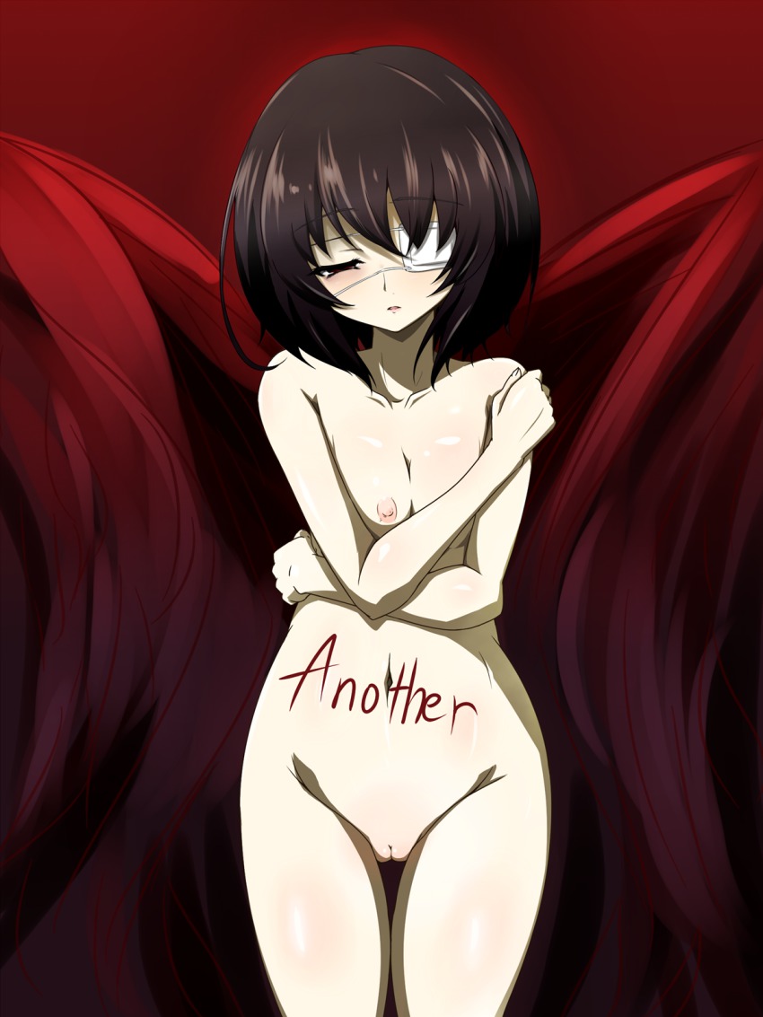 10s 1girl another benibana black_hair blush body_writing breasts cleavage cleft_of_venus collarbone copyright_name eyepatch female_focus groin highres hip_focus lips misaki_mei navel nipples nude pussy red_eyes shiny_skin short_hair small_breasts solo standing thighs uncensored