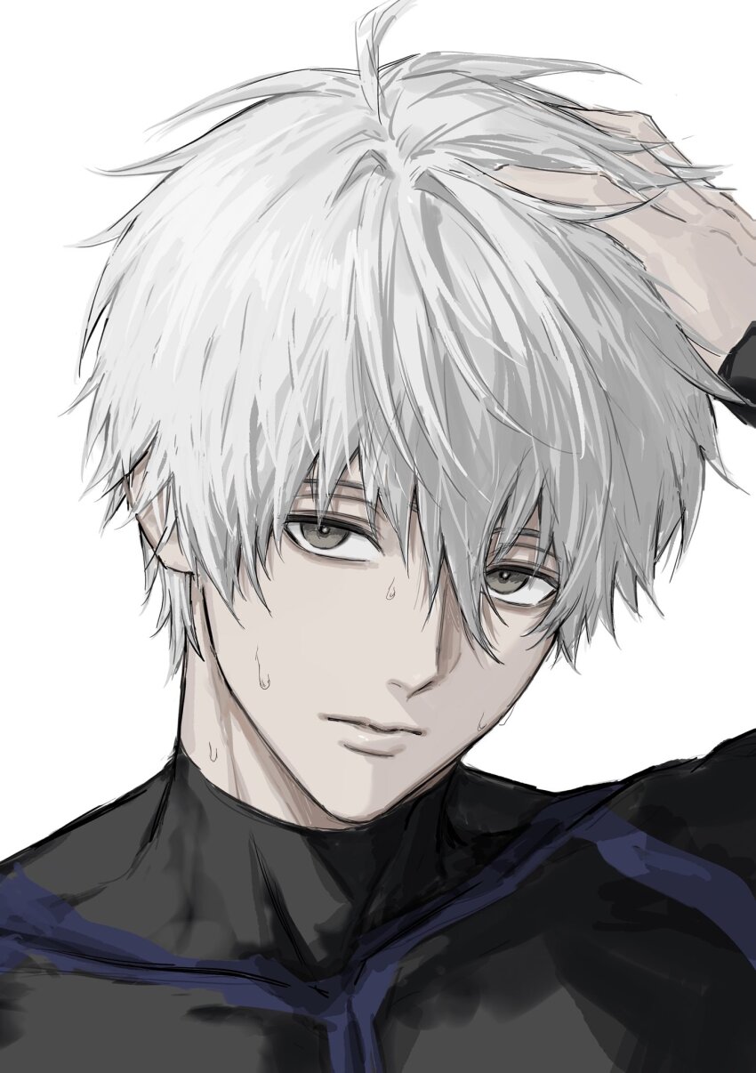 1boy black_shirt blue_lock closed_mouth covered_collarbone expressionless grey_eyes hair_between_eyes hand_on_own_head head_tilt highres looking_at_viewer male_focus nagi_seishirou portrait shirt short_hair simple_background solo sso_s straight_hair sweat tareme tight_clothes tight_shirt turtleneck turtleneck_shirt white_background white_hair