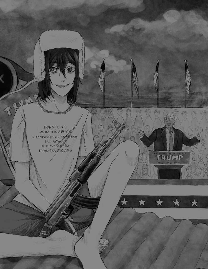 2024_attempted_assassination_of_donald_trump 2boys american_flag bags_under_eyes barefoot born_to_die_world_is_a_fuck_(meme) bungou_stray_dogs collared_shirt commentary crowd donald_trump english_commentary flag foot_out_of_frame fur_hat fyodor_dostoyevsky_(bungou_stray_dogs) greyscale gun hair_between_eyes hat highres imsrryoisin jacket knee_up looking_at_viewer male_focus medium_hair meme monochrome multiple_boys necktie open_mouth podium politician real_life rifle russian_text shirt short_sleeves shorts sitting smile t-shirt ushanka weapon weapon_request wing_collar