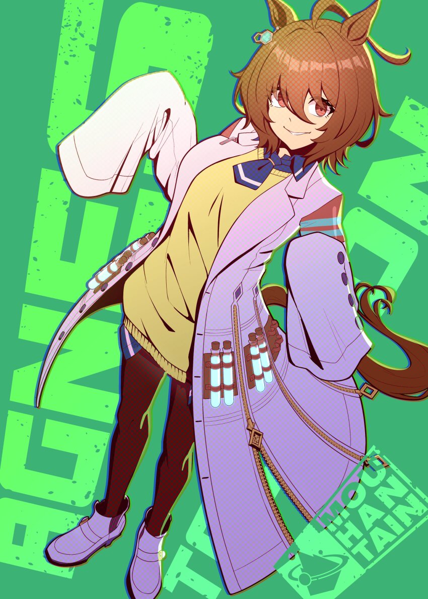 1girl absurdres agnes_tachyon_(umamusume) ahoge animal_ears black_necktie black_pantyhose black_shirt brown_hair character_name chemical_structure coat collared_shirt earrings highres horse_ears horse_girl huge_ahoge jewelry lab_coat long_sleeves looking_at_viewer mouhantain necktie open_clothes open_coat pantyhose red_eyes shirt short_hair short_necktie single_earring sleeves_past_fingers sleeves_past_wrists solo sweater test_tube umamusume white_coat white_footwear wide_sleeves yellow_sweater