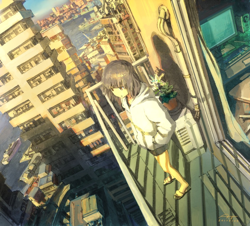 1girl 2017 :| air_conditioner balcony black_hair black_shorts brown_hair building chair city cityscape closed_mouth computer computer_keyboard crane_(machine) curtains dated day desktop_(computing) dutch_angle female_focus flower_pot foreshortening from_above grey_hair hands_in_pockets harbor hood hooded_jacket hoodie industrial_pipe jacket keyboard long_sleeves looking_afar looking_down monitor ocean office_chair original outdoors perspective plant potted_plant red_eyes rooftop sandals serious ship short_hair shorts signature skyline solo sunrise swivel_chair tokunaga_akimasa traditional_media urban watercraft white_jacket