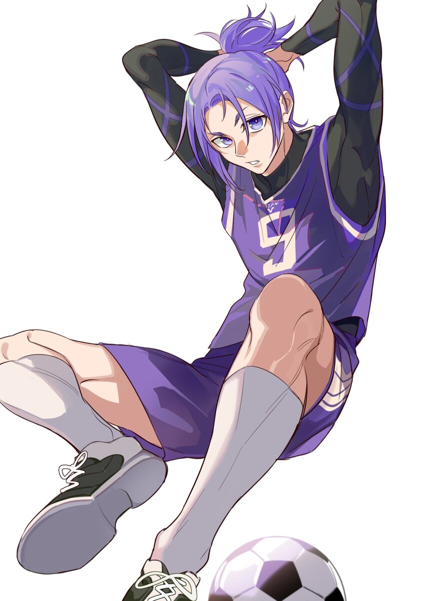 1boy arm_behind_head arms_up ball black_shirt blue_lock commentary_request compression_shirt full_body gwillarmy highres looking_to_the_side male_focus mikage_reo parted_bangs parted_lips ponytail purple_eyes purple_hair purple_shorts shirt shoelaces shoes shorts simple_background soccer_ball soccer_uniform socks solo sportswear teeth white_background white_socks
