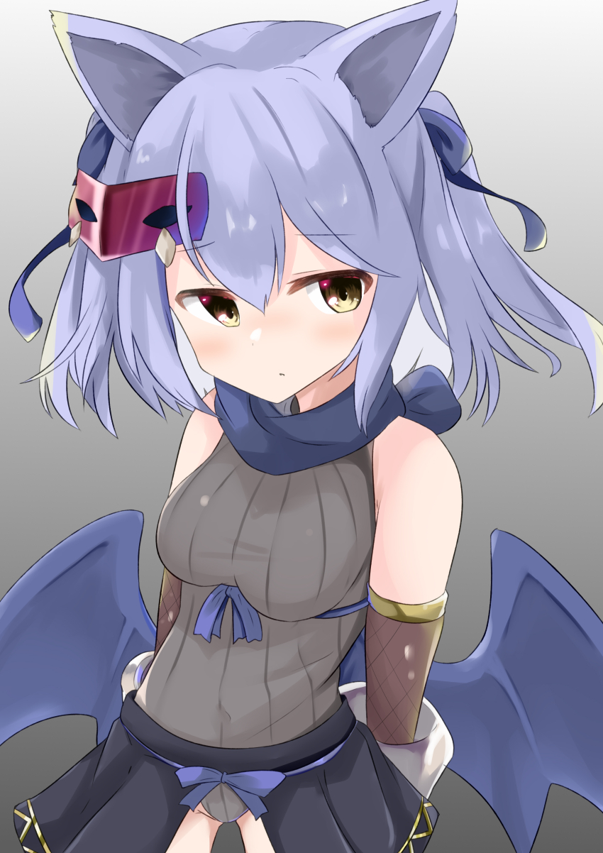 1girl absurdres animal_ears bare_shoulders blue_hair blue_scarf delucky_alma emil_chronicle_online groin highres mask numahata_tofu. scarf skirt wings yellow_eyes