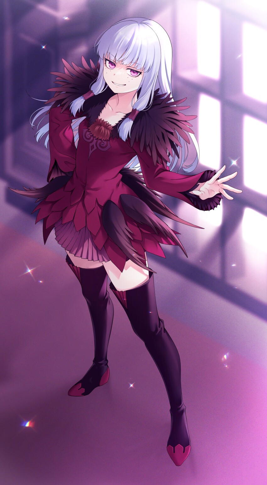 1girl absurdres agria_(tales) black_thighhighs boots commission e_(eokiba) freckles fur_trim grin hair_rings highres indoors long_hair looking_at_viewer low-tied_sidelocks purple_eyes sidelocks skirt smile solo surcoat tales_of_(series) tales_of_xillia thigh_boots thighhighs white_hair window