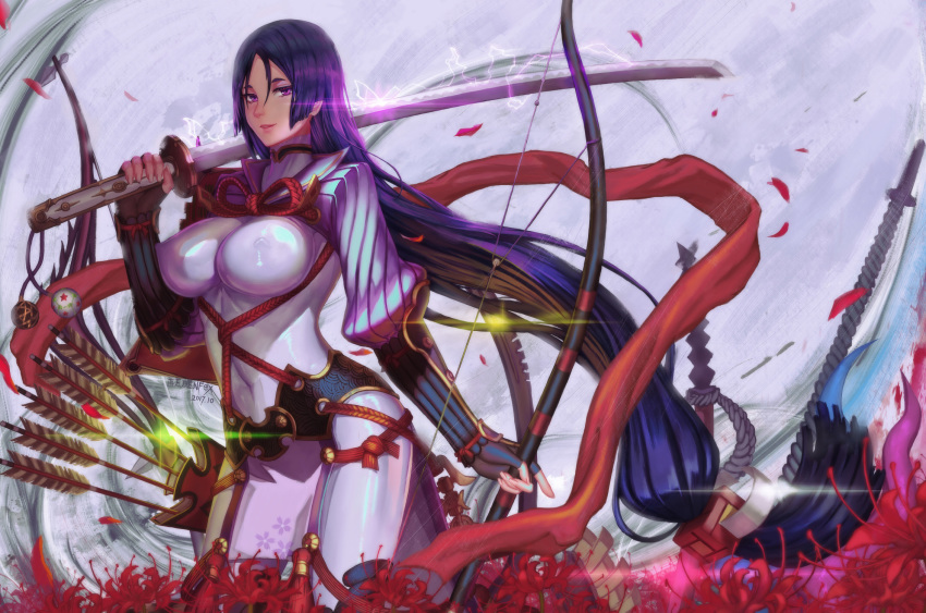 1girl arm_guards artist_name bodysuit bow_(weapon) breasts covered_navel dated edenfox electricity fate/grand_order fate_(series) female_focus fingerless_gloves gloves highres holding holding_sword holding_weapon large_breasts long_hair looking_at_viewer low-tied_long_hair minamoto_no_raikou_(fate) purple_bodysuit purple_eyes purple_hair rope solo sword very_long_hair weapon