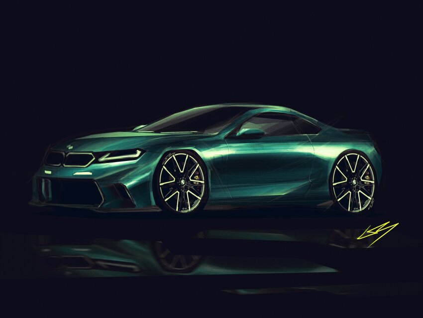 absurdres aqua_car black_background bmw bmw_m2 car commentary english_commentary from_side highres ish_babaria motor_vehicle no_humans original redesign reflection signature sports_car vehicle_focus